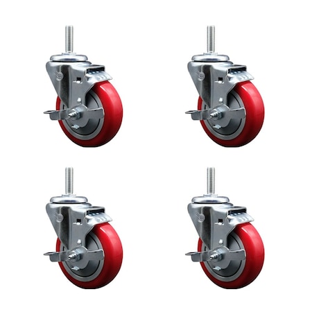 Service Caster 4 Inch Red Polyurethane Wheel Swivel 34 Inch Threaded Stem Caster Set with Brake SCC SCC-TS20S414-PPUB-RED-TLB-34212-4